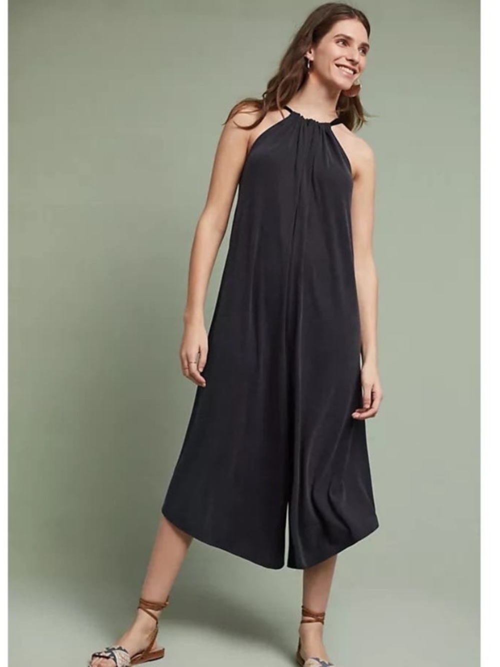 HD Paris X Anthropologie Sleeveless Halter Wide-Leg Ribbed Charcoal Jumpsuit